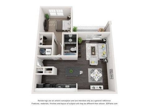 Floor plan for 1 bed, 1 bath, 732 sqft